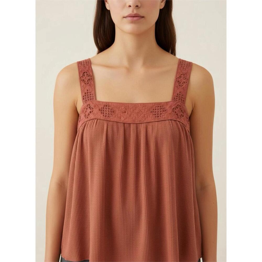 Lucky Brand Top Womens Small Brown Lace Up Tank Embroidered